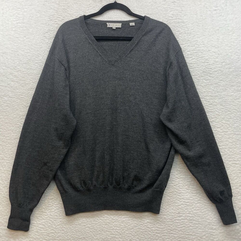 Peter Millar Sweater Mens Extra Large Gray Merino Wool Crown Pullover V Neck